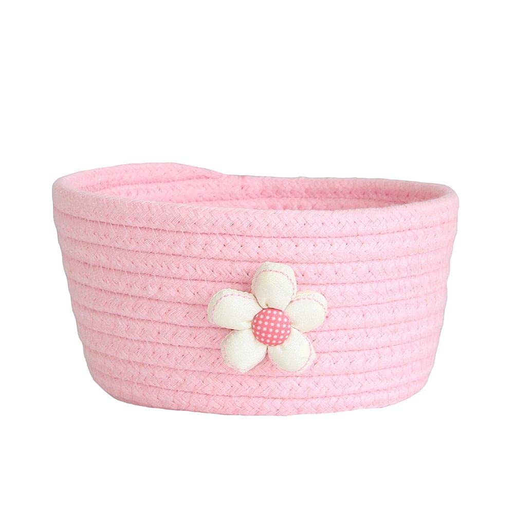 MNTT Makeup Storage Box,Cute Flower Small Bins Organizer Cotton Rope Desktop Round Storage Baskets Laundry Basket Nursery Room Decor(Pink)