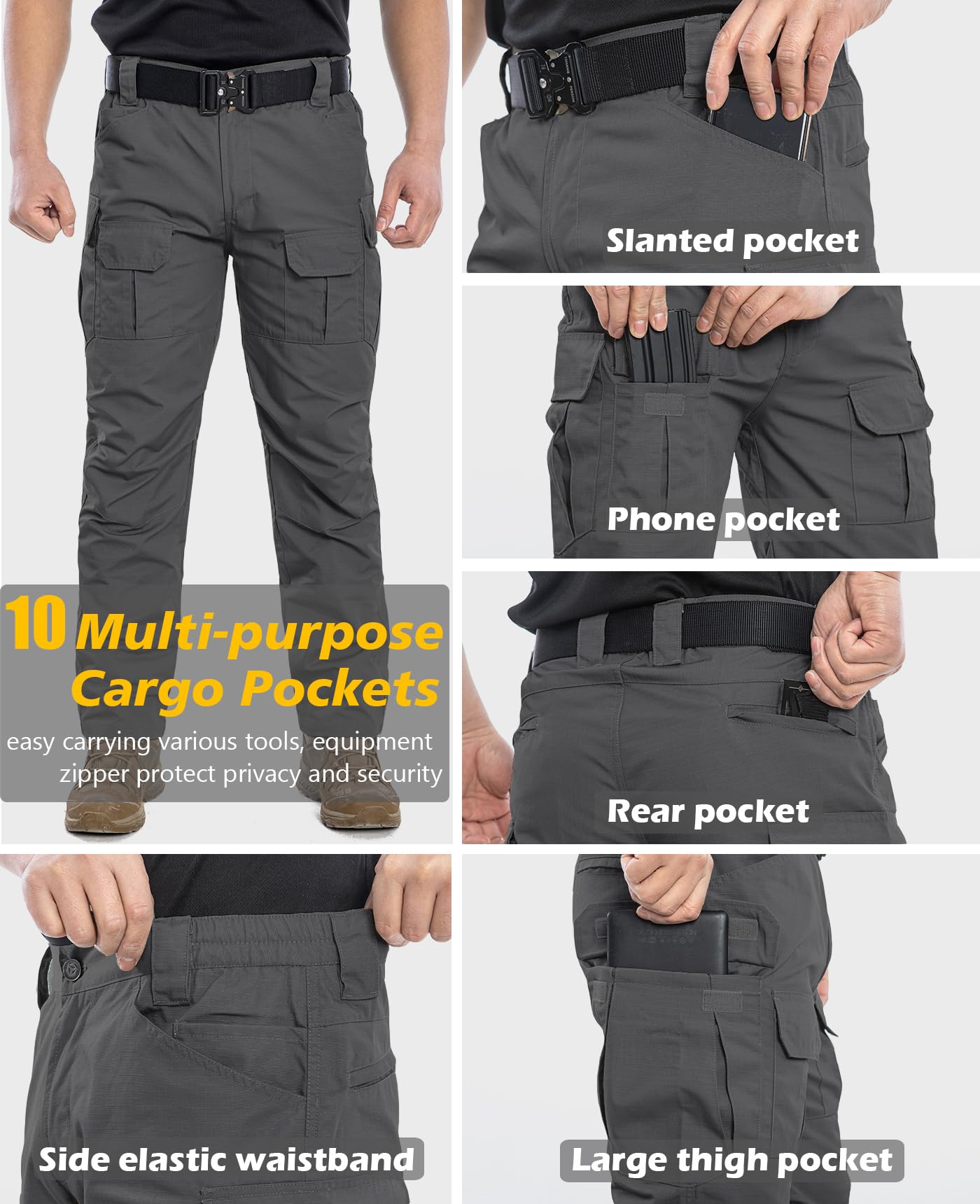 NAVEKULL Men's Outdoor Tactical Pants Rip Stop Lightweight Waterproof Military Combat Cargo Work Hiking Pants Dark Grey