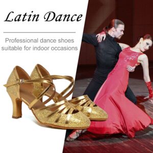 RUYBOZRY Women's Latin Dance Shoes Salsa Glitter Closed Toe Ballroom Performence Practice Dancing Shoes,512-7,Gold,8.5 US