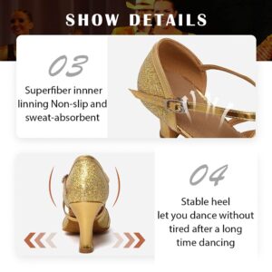 RUYBOZRY Women's Latin Dance Shoes Salsa Glitter Closed Toe Ballroom Performence Practice Dancing Shoes,512-7,Gold,8.5 US