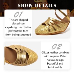 RUYBOZRY Women's Latin Dance Shoes Salsa Glitter Closed Toe Ballroom Performence Practice Dancing Shoes,512-7,Gold,8.5 US