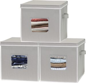 simple houseware 3-pack 12-inch cubic storage basket w/lid, window and side handles, grey