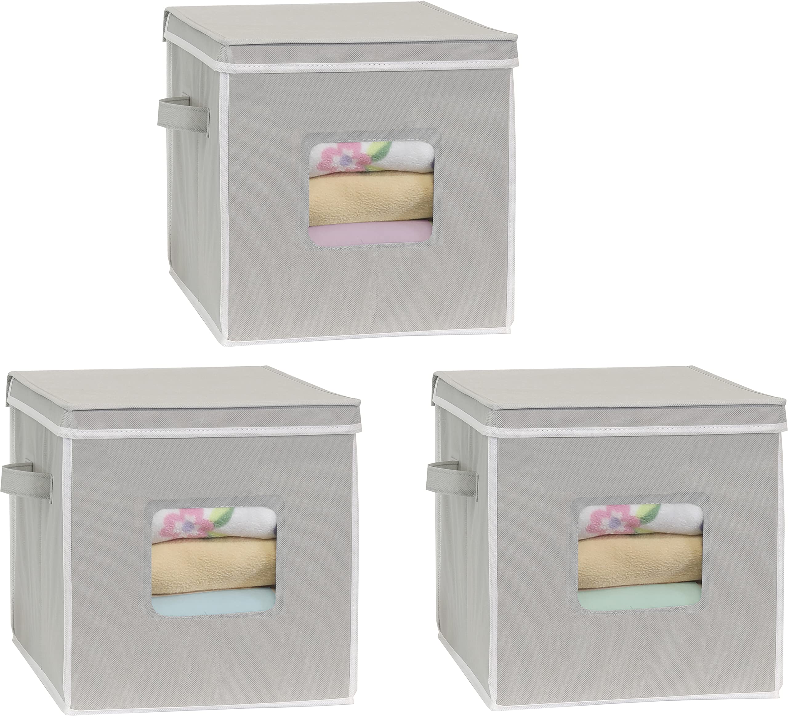 Simple Houseware 3-Pack 12-Inch Cubic Storage Basket w/Lid, Window and Side Handles, Grey