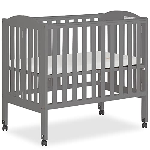 Dream On Me 2-in-1 Portable Folding Stationary Side Crib in Storm Grey, Greenguard Gold Certified, Two Adjustable Mattress Height Positions,Made of Solid Pinewood, Flat Folding Crib