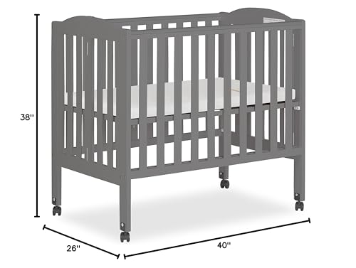 Dream On Me 2-in-1 Portable Folding Stationary Side Crib in Storm Grey, Greenguard Gold Certified, Two Adjustable Mattress Height Positions,Made of Solid Pinewood, Flat Folding Crib