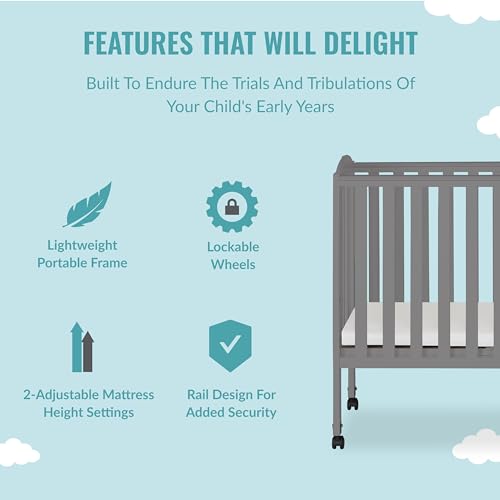 Dream On Me 2-in-1 Portable Folding Stationary Side Crib in Storm Grey, Greenguard Gold Certified, Two Adjustable Mattress Height Positions,Made of Solid Pinewood, Flat Folding Crib