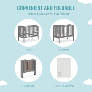 Dream On Me 2-in-1 Portable Folding Stationary Side Crib in Storm Grey, Greenguard Gold Certified, Two Adjustable Mattress Height Positions,Made of Solid Pinewood, Flat Folding Crib