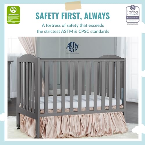 Dream On Me 2-in-1 Portable Folding Stationary Side Crib in Storm Grey, Greenguard Gold Certified, Two Adjustable Mattress Height Positions,Made of Solid Pinewood, Flat Folding Crib