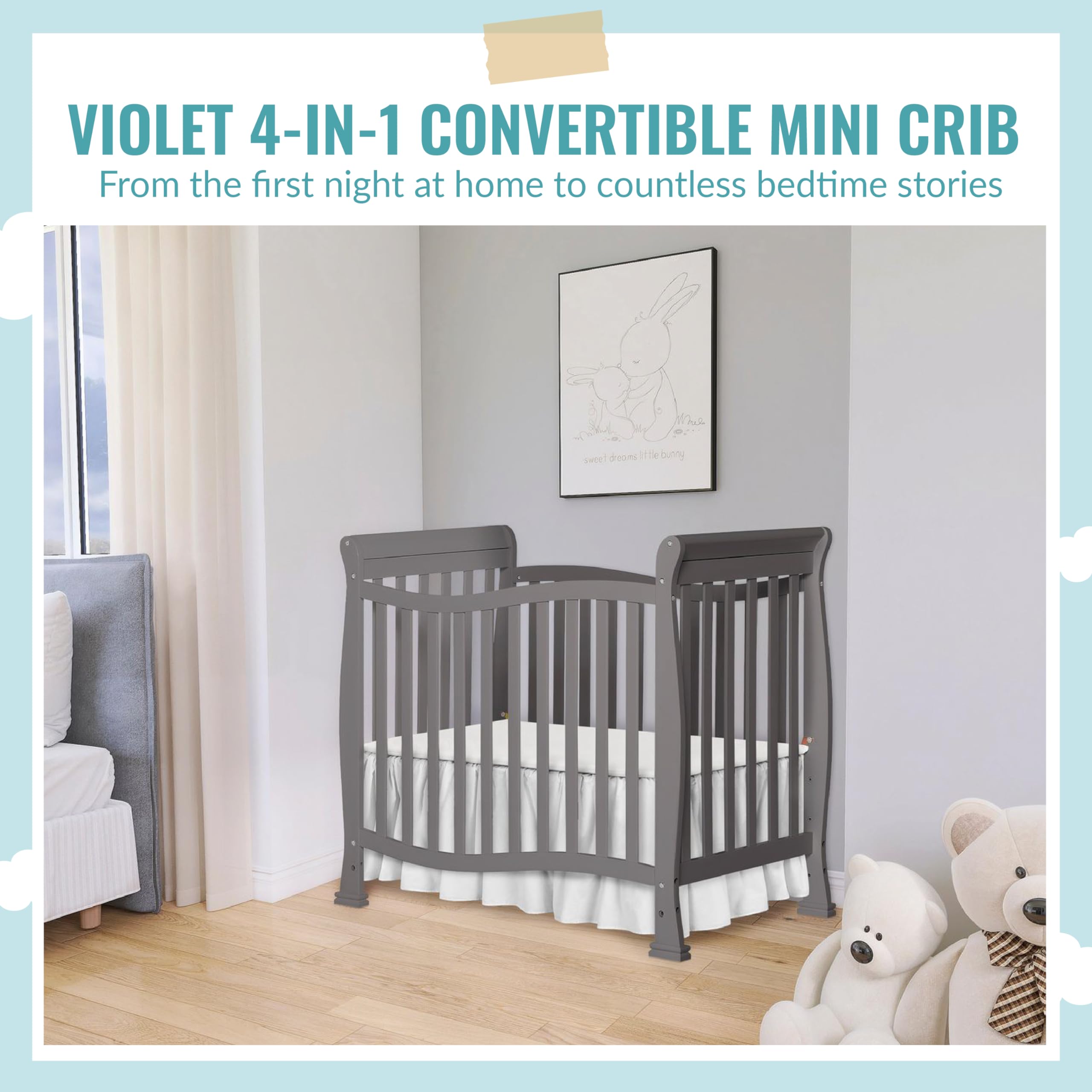 Dream On Me Violet 4-in-1 Convertible Mini Crib in Steel Grey, Greenguard Gold Certified, JPMA Certified, 3 Position Mattress Height Settings, Non-Toxic Finish