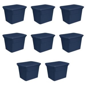 sterilite 18 gal storage tote, stackable bin with lid, plastic container to organize clothes in closet, basement, blue base and lid, 8-pack
