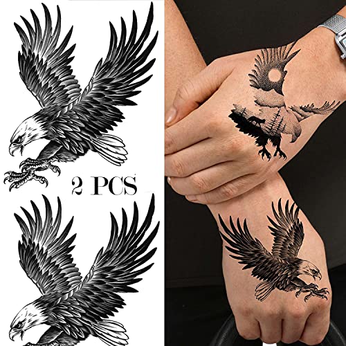 AKOAK 2 Pcs Eagle Tattoo Sticker Waterproof Temporary Tattoo Body Sexy Art Sticker Sweat Proof Men and Women (Black)