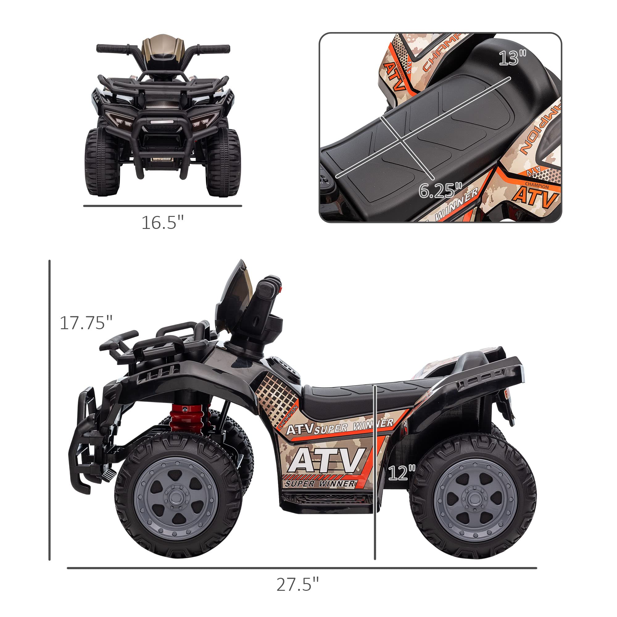 Aosom Kids ATV Four Wheeler Ride on Car, Motorized Quad, 6V Battery Powered Electric Quad with Songs for 18-36 Months, Black