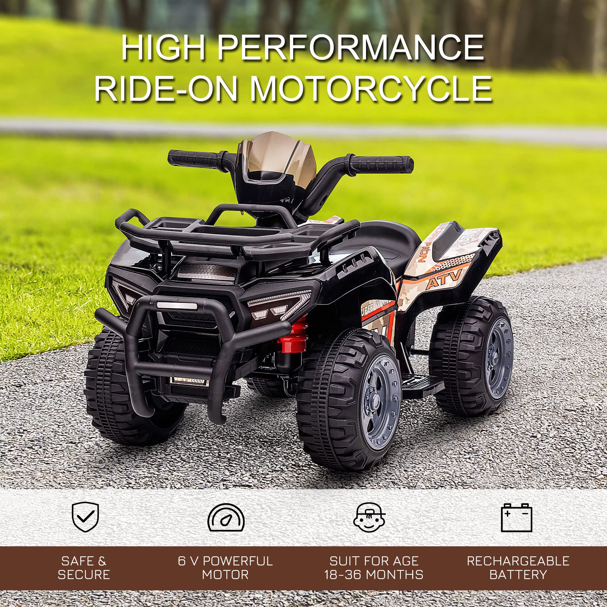 Aosom Kids ATV Four Wheeler Ride on Car, Motorized Quad, 6V Battery Powered Electric Quad with Songs for 18-36 Months, Black