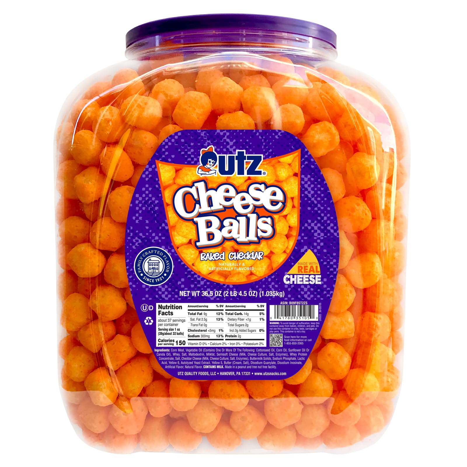 Utz Cheese Balls Barrel, Tasty Snack Baked with Real Cheddar Cheese, Delightfully Poppable Party Snack, Gluten, Cholesterol and Trans-Fat Free, Kosher Certified, 36.5 Oz