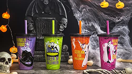 Zak Designs Disney Villains Halloween Glow in the Dark Tumbler Set with Lid and Straw for Cold Drinks, Funny Cups Made of Durable and Reusable Plastic, Great Gift for Fans (25 oz, Set of 4)