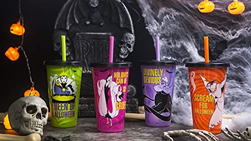 Zak Designs Disney Villains Halloween Glow in the Dark Tumbler Set with Lid and Straw for Cold Drinks, Funny Cups Made of Durable and Reusable Plastic, Great Gift for Fans (25 oz, Set of 4)