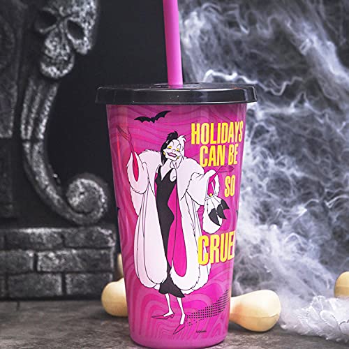 Zak Designs Disney Villains Halloween Glow in the Dark Tumbler Set with Lid and Straw for Cold Drinks, Funny Cups Made of Durable and Reusable Plastic, Great Gift for Fans (25 oz, Set of 4)