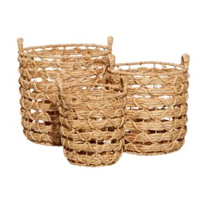 deco 79 coastal fabric cylinder storage basket, set of 3 18", 16", 13"h, brown