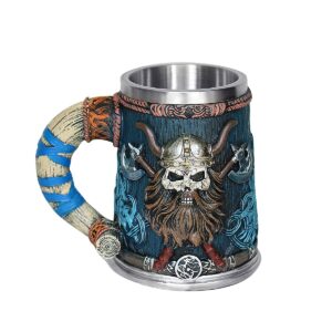 otartu valhalla viking stainless steel single handle horn skull beer stein cup, nordic viking warrior skull mug tankard 17oz, halloween bar drinkware men’s gift