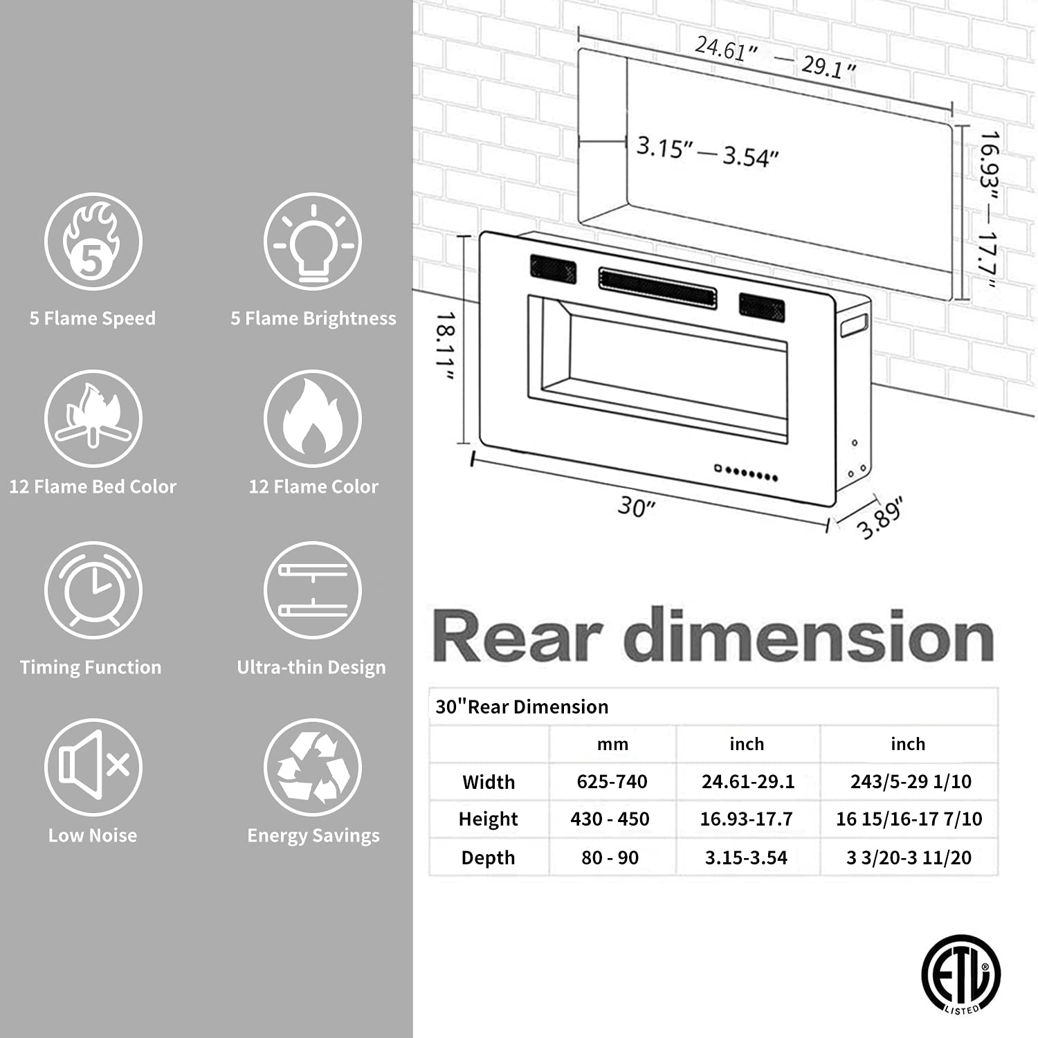 ZAFRO Electric Fireplace 30'' with Remote Control, Recessed Wall Mounted Electric Fireplace with Adjustable 12-Color Flame Brightness & Speed