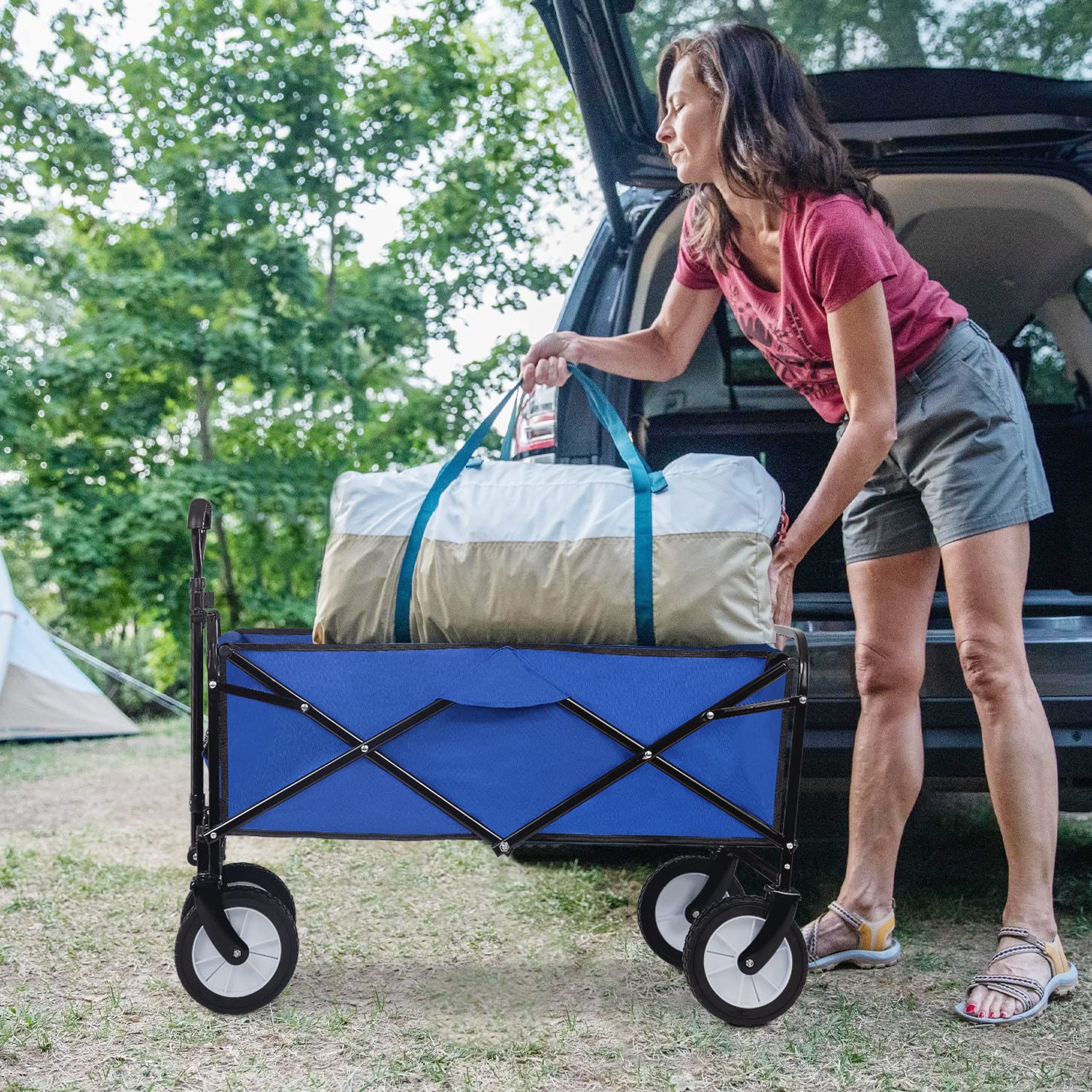 Collapsible Folding Wagon Garden Cart Beach Wagon Grocery Wagon All-Terrain Wheels Garden Grocery Wagon for Shopping Park Picnic, Beach Trip, Outdoor Activities, Camping (Blue)