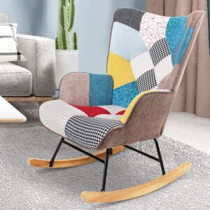 kgopk nursery rocking chair, mid century upholstered rocker glider chair high back armchair with wood legs and patchwork linen for livingroom bedroom