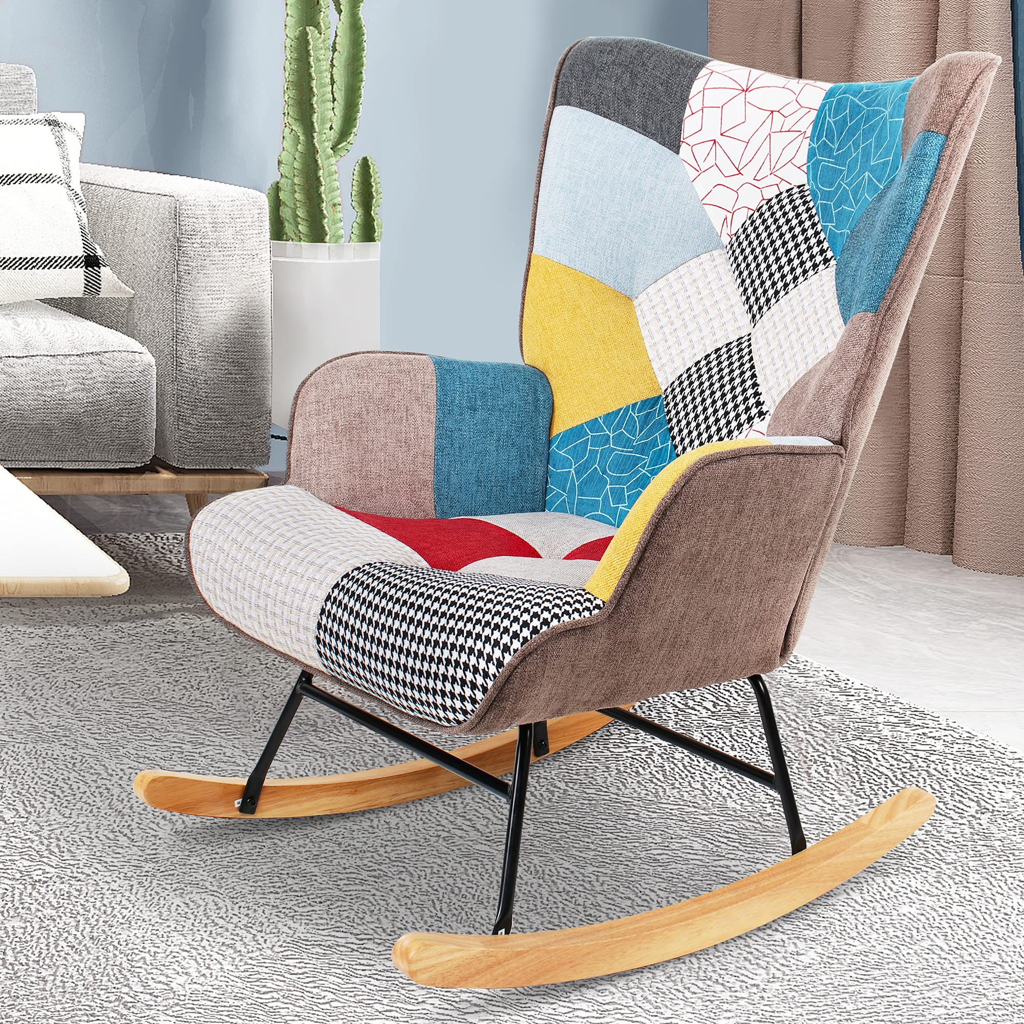 KGOPK Nursery Rocking Chair, Mid Century Upholstered Rocker Glider Chair High Back Armchair with Wood Legs and Patchwork Linen for Livingroom Bedroom