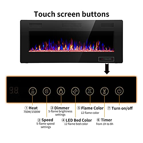 ZAFRO Electric Fireplace 42'' with Remote Control, Recessed Wall Mounted Electric Fireplace with Adjustable 12-Color Flame Brightness & Speed