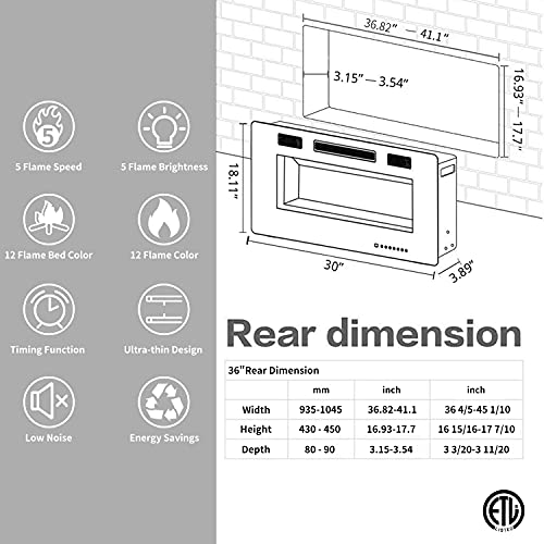 ZAFRO Electric Fireplace 42'' with Remote Control, Recessed Wall Mounted Electric Fireplace with Adjustable 12-Color Flame Brightness & Speed