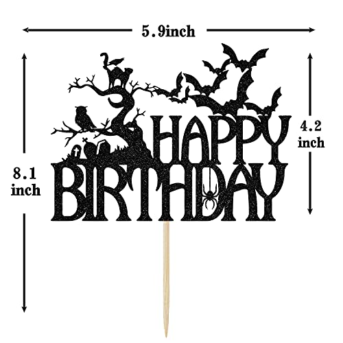 Ferastar Halloween Happy Birthday Cake Topper, Spooky Haunted House Black Glitter Cake Supplies, Creepy Birthday Themed Party Decor Black Glitter