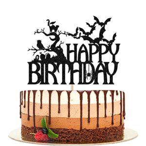 ferastar halloween happy birthday cake topper, spooky haunted house black glitter cake supplies, creepy birthday themed party decor black glitter