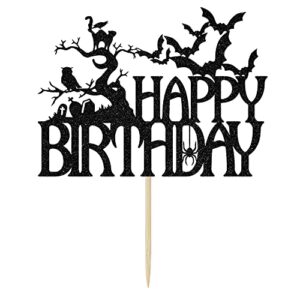 Ferastar Halloween Happy Birthday Cake Topper, Spooky Haunted House Black Glitter Cake Supplies, Creepy Birthday Themed Party Decor Black Glitter