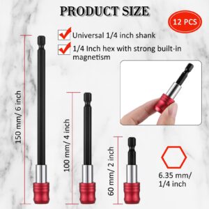 12 Pieces Drill Bit Extension Magnetic Drill Extension Bit Holder 1/4 Inch Hex Shank Automotive Drill Bit Quick Release Screwdriver Extender Adapter Set for Screws Nuts Drill Handheld Driver, 3 Sizes