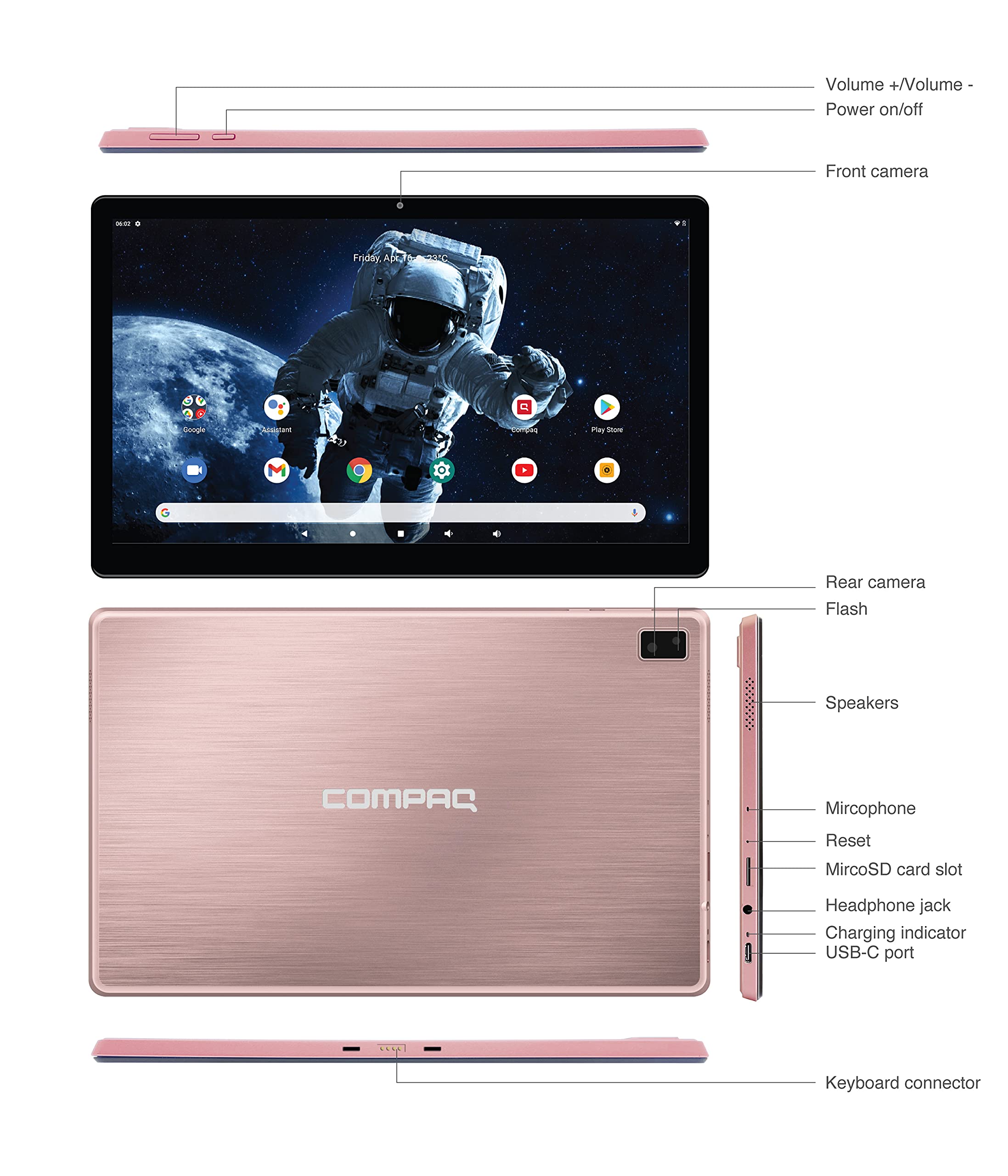 COMPAQ 11.6" 2 in 1 Android 11 Tablet 64GB Storage, 4GB RAM (Rose Gold)