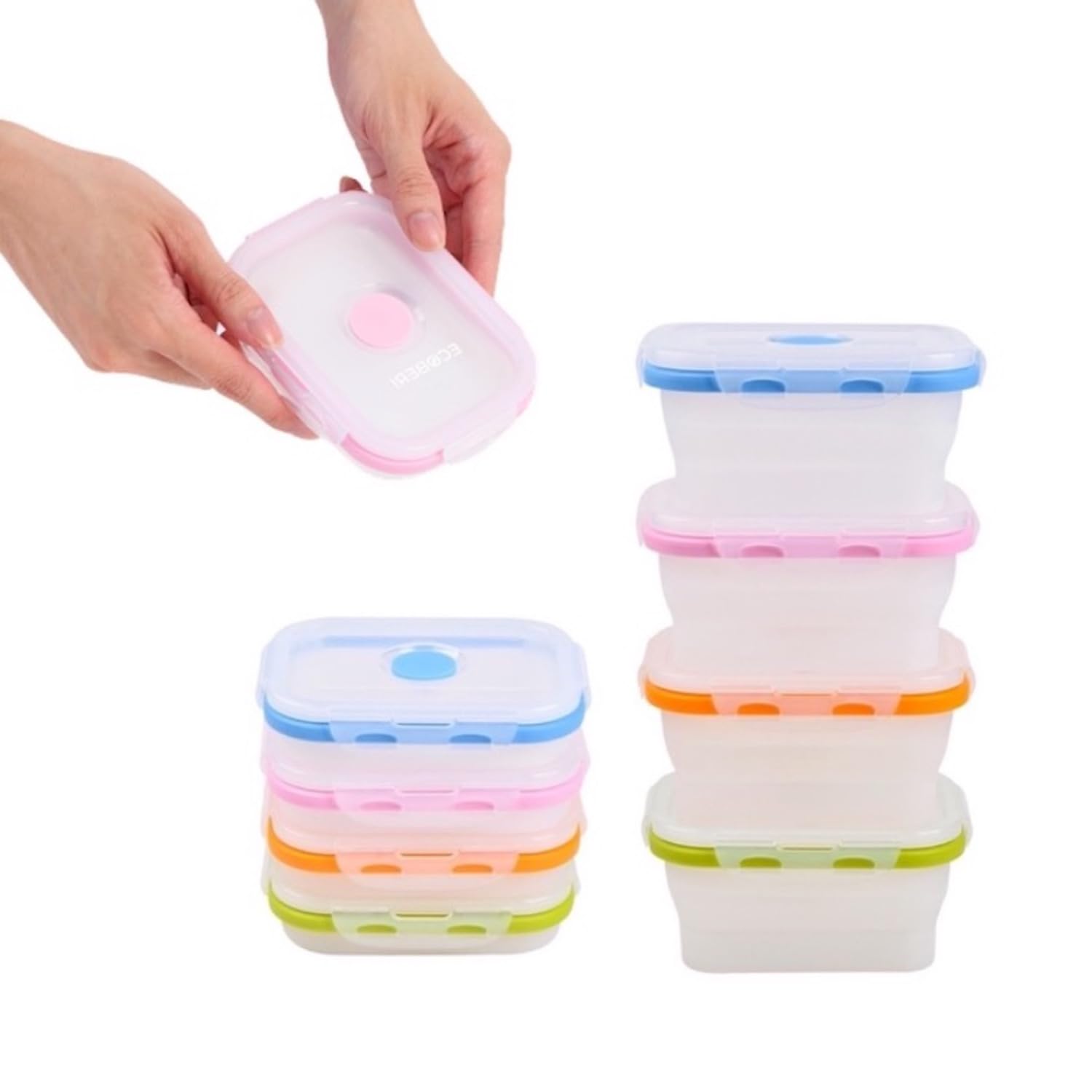 ECOBERI Collapsible Silicone Food Storage Containers with Airtight Snap-Top Lids, Microwave, Dishwasher, Freezer Safe, BPA Free and Non-Toxic, Set of 4