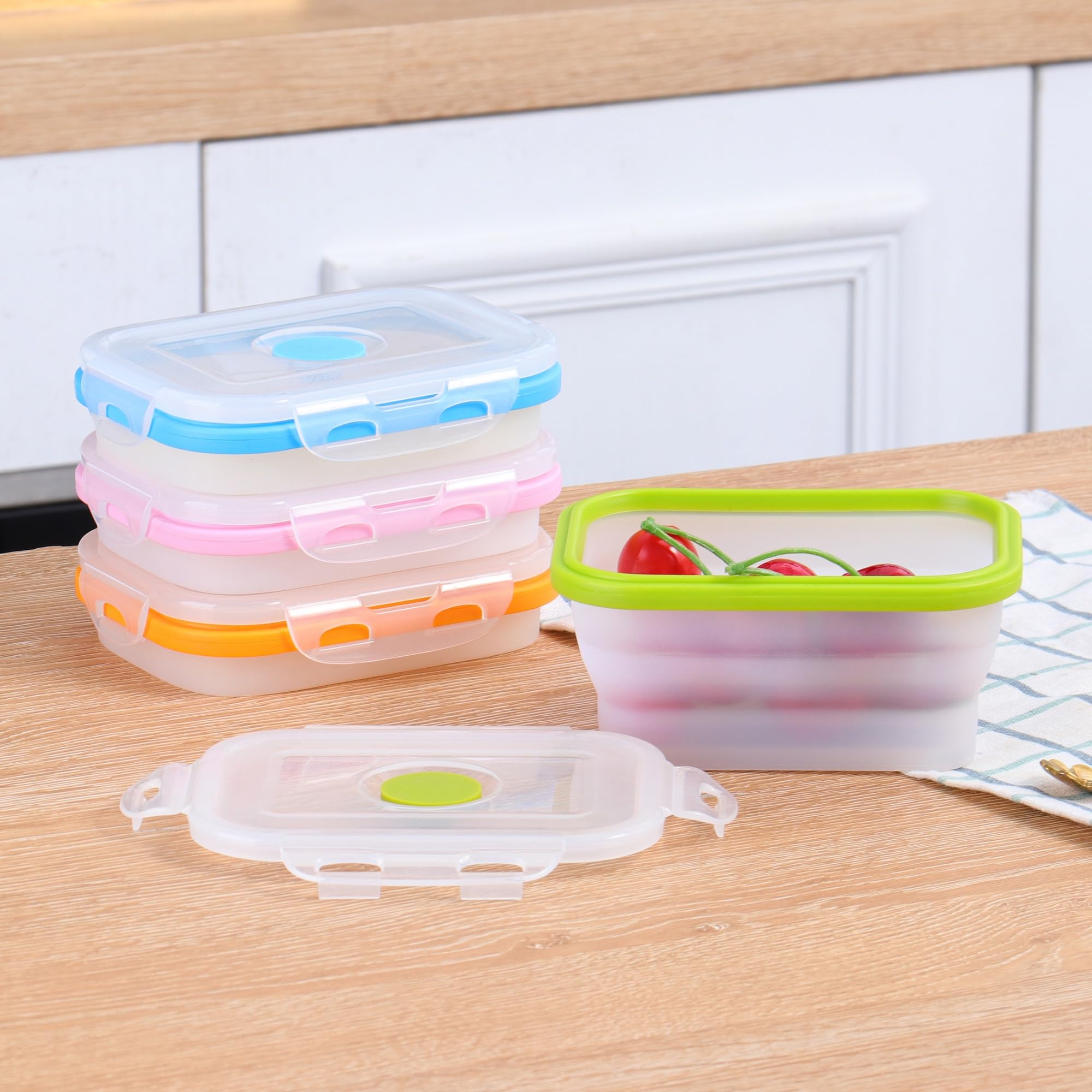 ECOBERI Collapsible Silicone Food Storage Containers with Airtight Snap-Top Lids, Microwave, Dishwasher, Freezer Safe, BPA Free and Non-Toxic, Set of 4