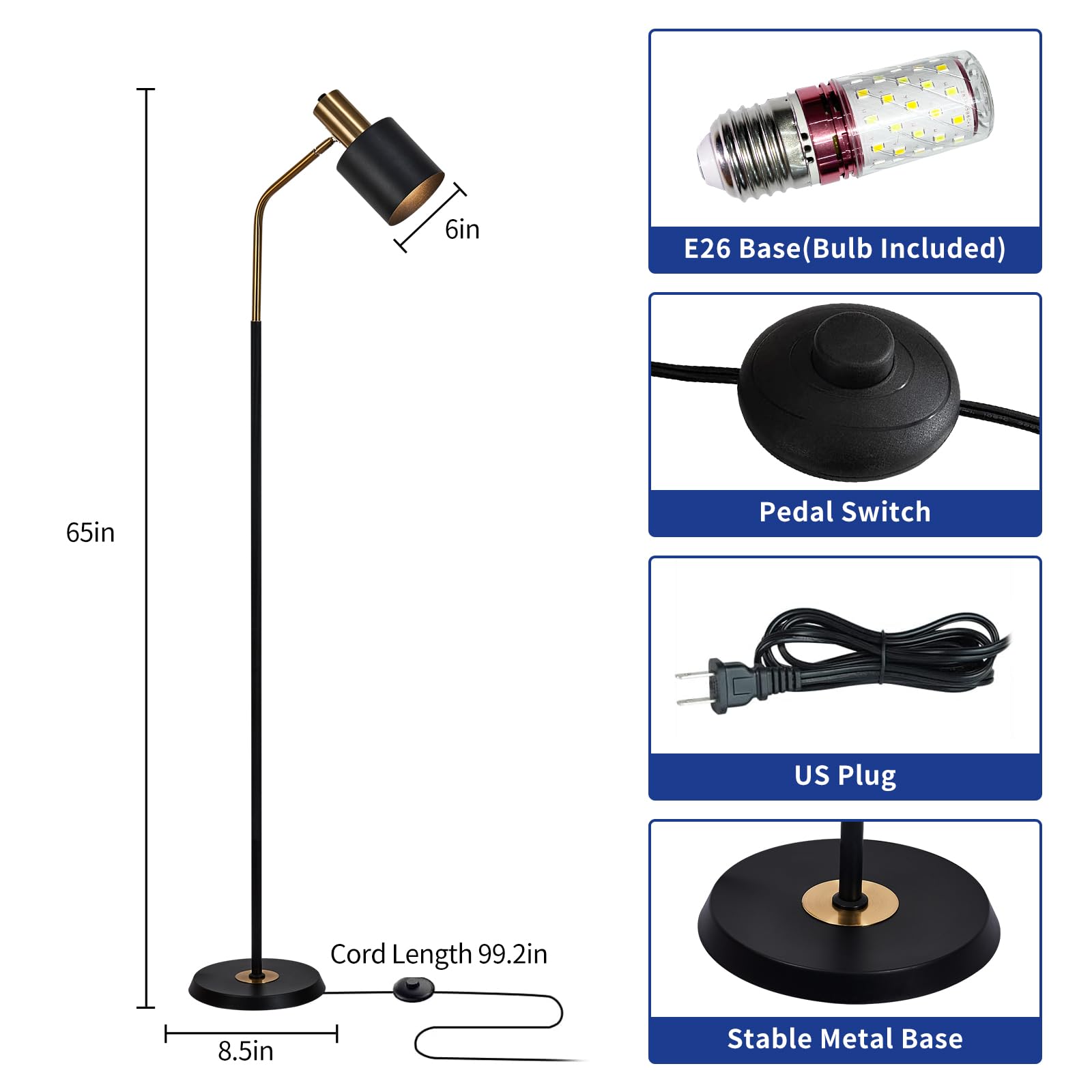 O'NEELDY Modern Industrial Floor Lamp 65" Black Standing Lamp, Black Floor Lamp with 360° Adjustable Lampshade, 12W E26 Bulb Included, Floor Lamp for Living Room, Bedroom, Office