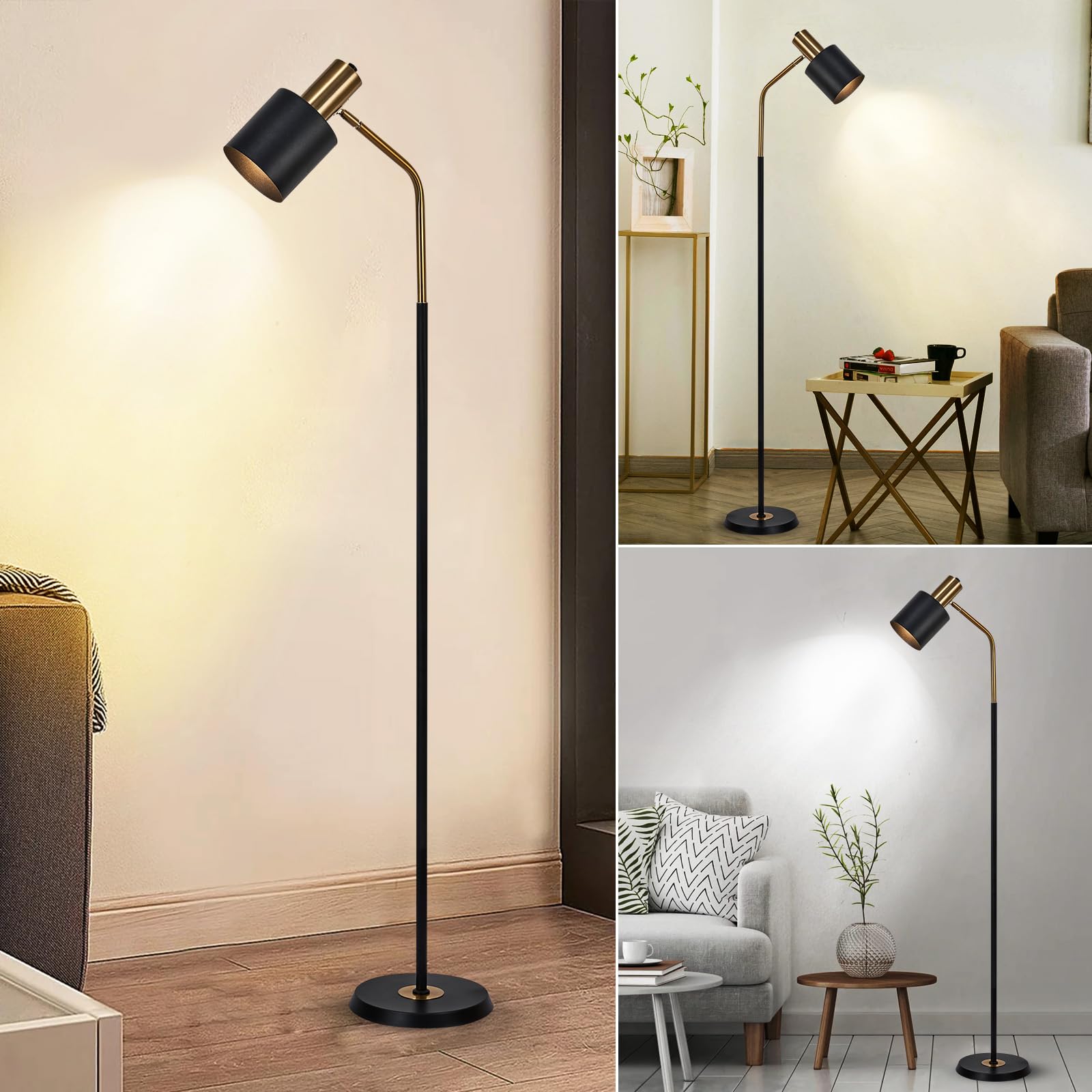 O'NEELDY Modern Industrial Floor Lamp 65" Black Standing Lamp, Black Floor Lamp with 360° Adjustable Lampshade, 12W E26 Bulb Included, Floor Lamp for Living Room, Bedroom, Office