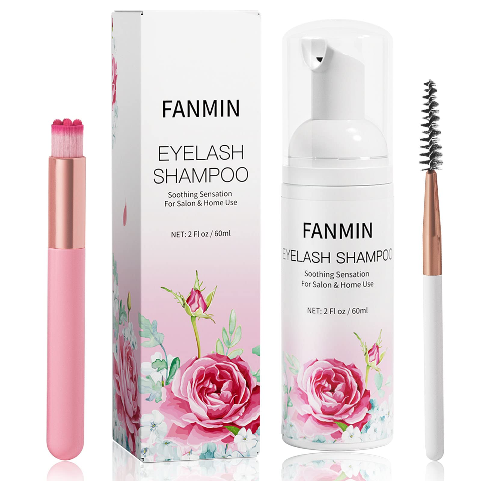 Eyelash Extension Cleanser 60ml +Mascara Wand+ Brush Eyelid Foaming Cleanser,Eyelash Wash and Lash Bath for Extensions,Paraben & Sulfate Free,Makeup Remover,Salon and Home use（60ml/2fl.oz）