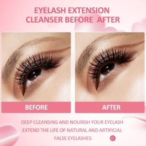 Eyelash Extension Cleanser 60ml +Mascara Wand+ Brush Eyelid Foaming Cleanser,Eyelash Wash and Lash Bath for Extensions,Paraben & Sulfate Free,Makeup Remover,Salon and Home use（60ml/2fl.oz）