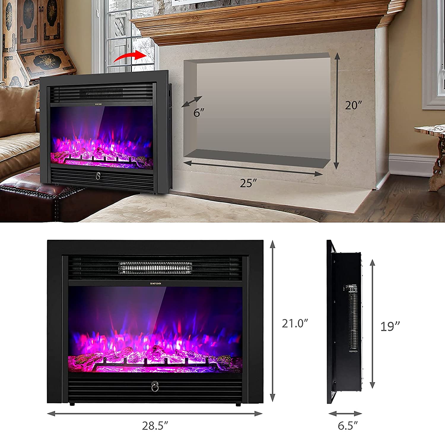 Topment 28.5" Recessed Electric Fireplace, Freestanding Fireplace Insert with Touch Screen Control Panel, Remote Control, Over-Heating Protection, 750-1500W Recessed in-Wall Heater with Timer
