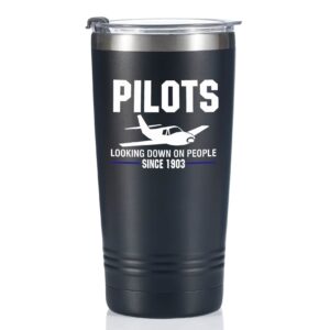 Onebttl Pilot Gifts For Men, Male, Him - Pilot Looking Down on People Since 1903-20oz/590ml Stainless Steel Insulated Tumbler with Lid, Message Card - Aviation, Airplane Gifts for Aviator - (Black)