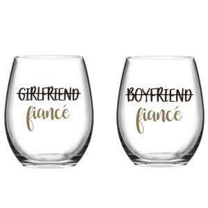 set of 2 fiance stemless wine glasses, boyfriend and girlfriend wine glass for couples, boyfriend girlfriend, gift idea for engagement, wedding, christmas, bridal shower, valentine's day, 15oz