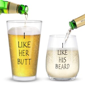 i like his beard stemless wine glass and i like her butt beer glass set for couples, wife husband, fiance fiancee, gift idea for engagement, wedding, christmas, bridal shower, valentine's day, 15oz