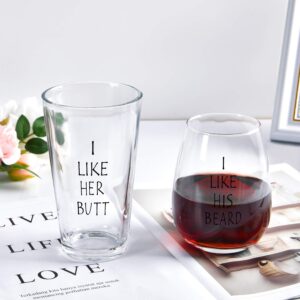 I Like His Beard Stemless Wine Glass and I Like Her Butt Beer Glass Set for Couples, Wife Husband, Fiance Fiancee, Gift Idea for Engagement, Wedding, Christmas, Bridal Shower, Valentine's Day, 15Oz