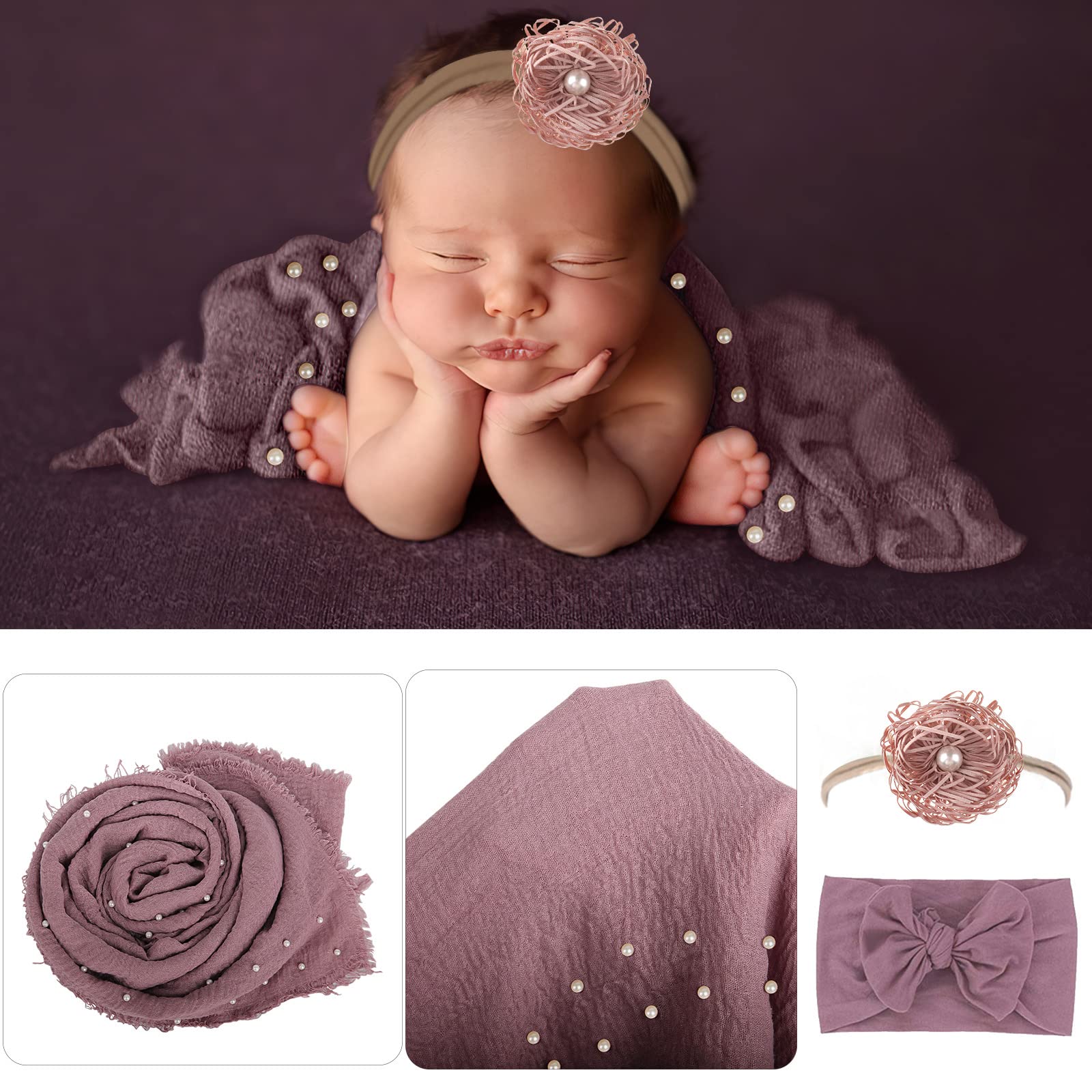 AOKE 5 PCS Newborn Photography Wrap Props Kit, Newborn Photo Props Long Ripple Wraps DIY Blanket with Flower Headbands, Purple Toddler Baby Photography Props Mat Set for Baby Boys and Girls