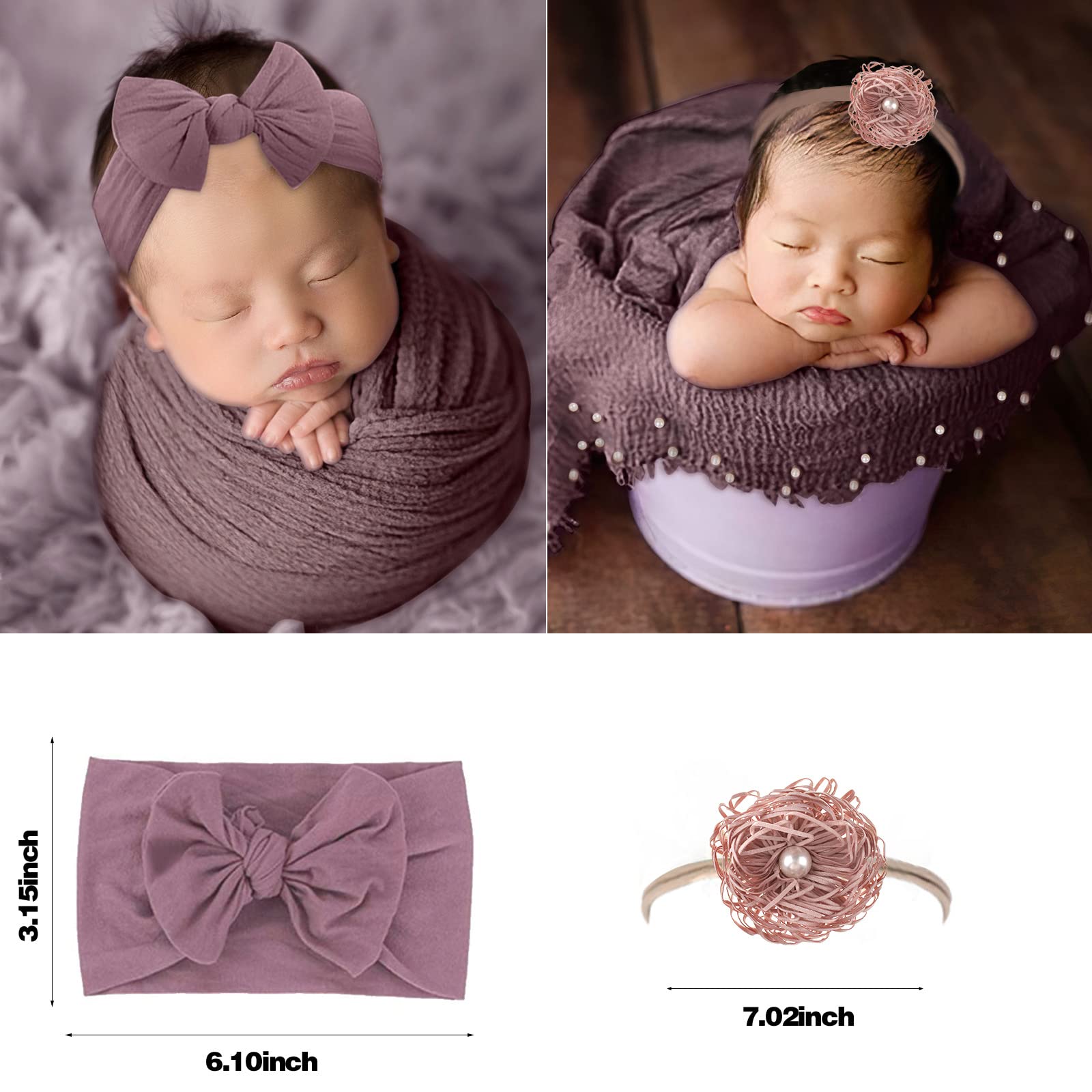 AOKE 5 PCS Newborn Photography Wrap Props Kit, Newborn Photo Props Long Ripple Wraps DIY Blanket with Flower Headbands, Purple Toddler Baby Photography Props Mat Set for Baby Boys and Girls