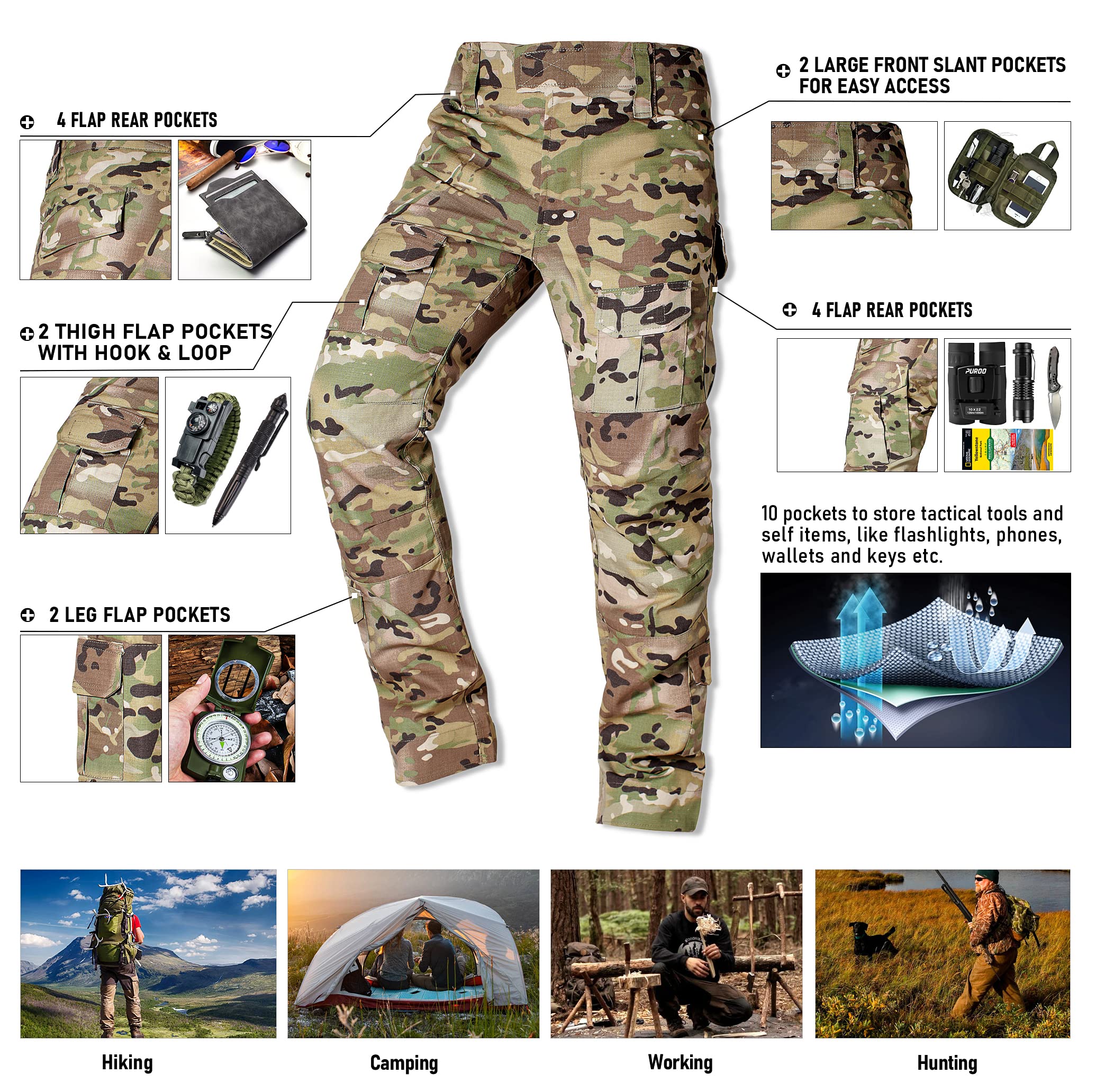 OCANXUE Men's Tactical Pants Camo Cargo Pants Ripstop Work Hiking Pants with 10 Pockets No Belt Size 36