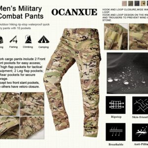 OCANXUE Men's Tactical Pants Camo Cargo Pants Ripstop Work Hiking Pants with 10 Pockets No Belt Size 36