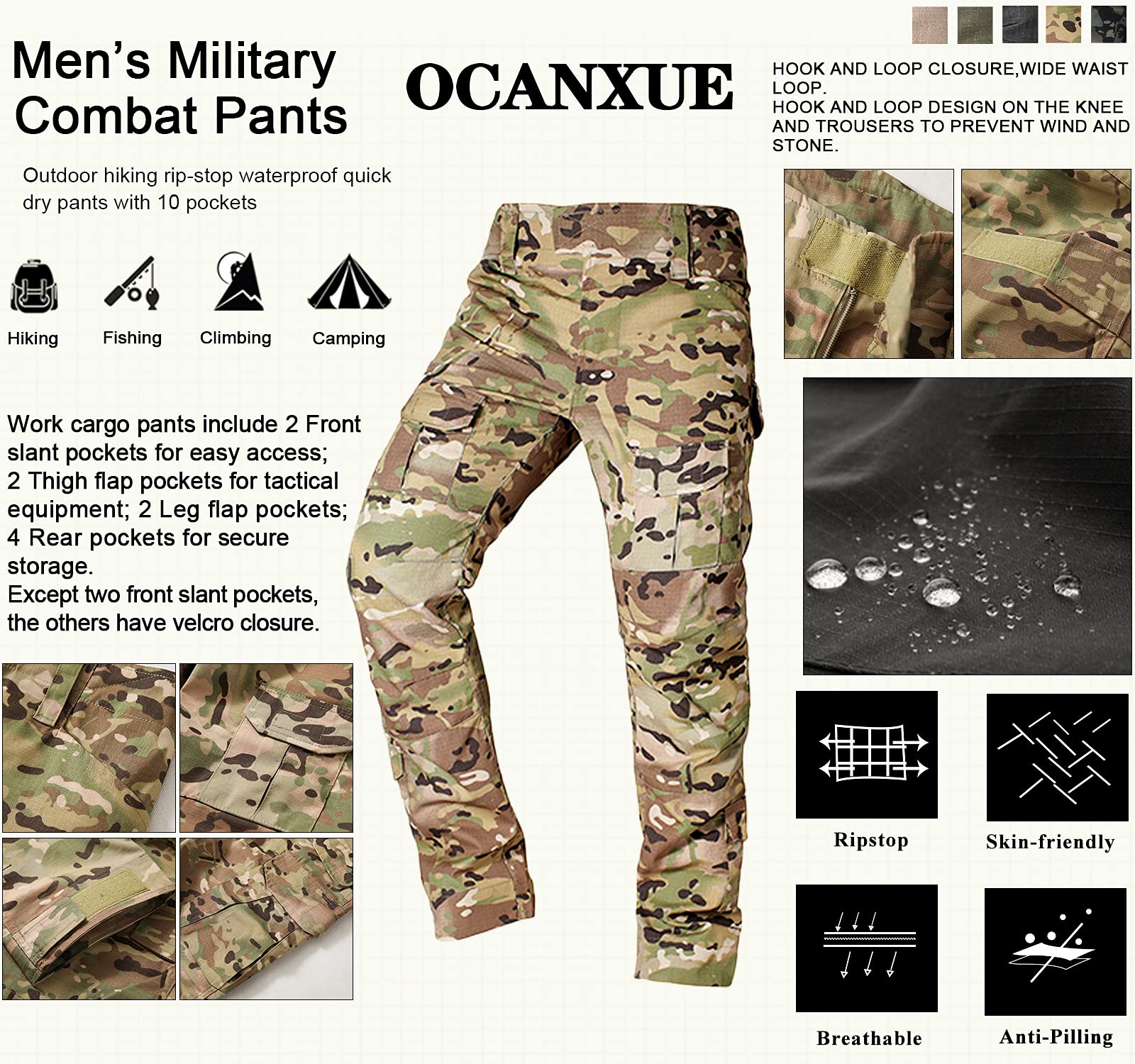 OCANXUE Men's Tactical Pants Camo Cargo Pants Ripstop Work Hiking Pants with 10 Pockets No Belt Size 36